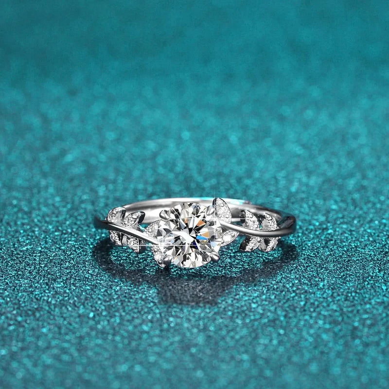 Leaf Vine Round Solitaire Engagement Ring 925 Silver