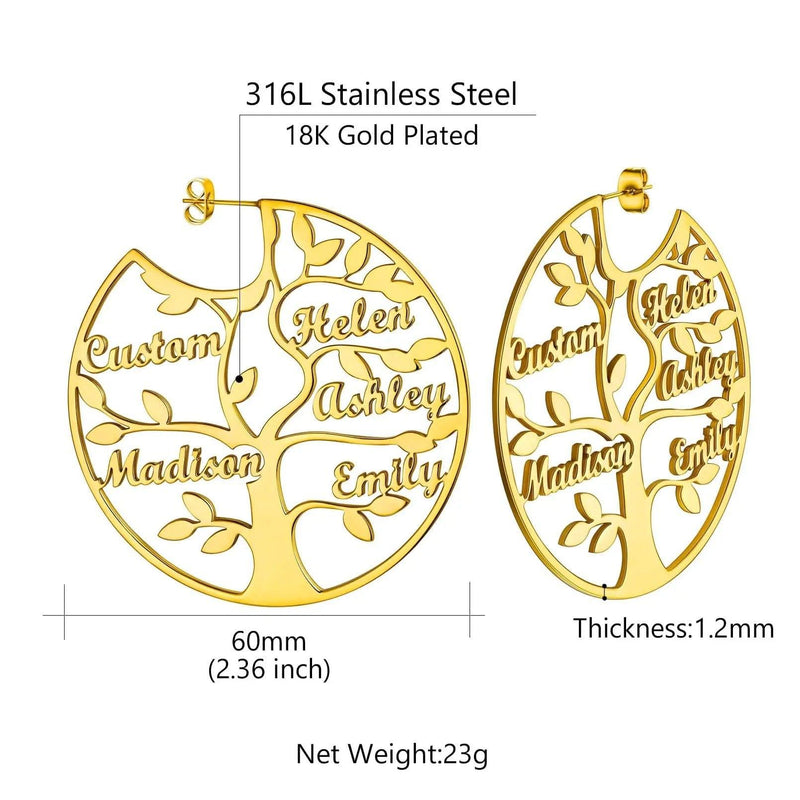 Family Tree Earrings with Names - One to Eight Names