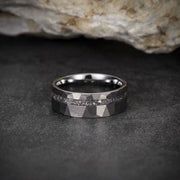 Men's Meteorite Inlay Matte Hammered Silver Tungsten Ring-Rings-Sairahaz Jewelers