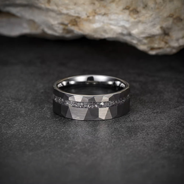 Men's Meteorite Inlay Matte Hammered Silver Tungsten Ring