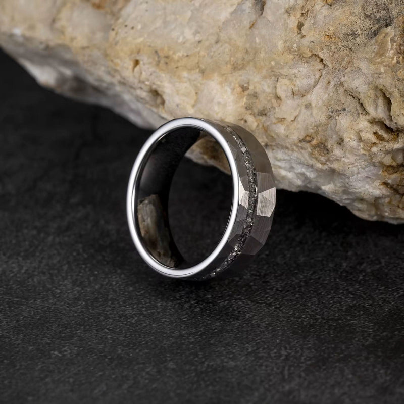 Men's Meteorite Inlay Matte Hammered Silver Tungsten Ring-Rings-Sairahaz Jewelers