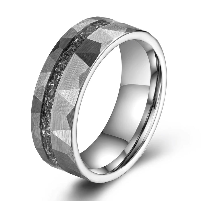 Men's Meteorite Inlay Matte Hammered Silver Tungsten Ring