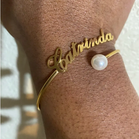 Custom name bangle with pearl accent by Sairahaz