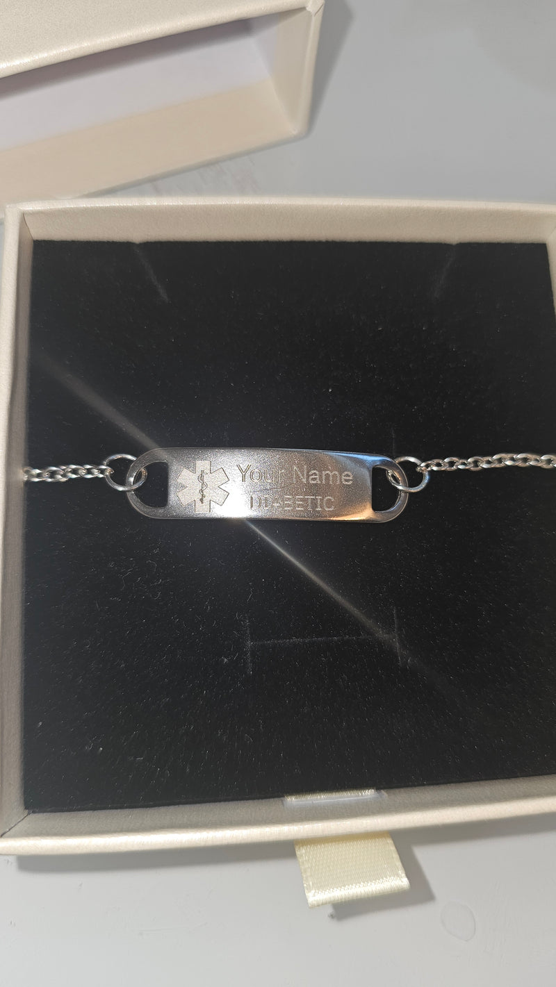 Custom Medical ID Link Bracelet in Silver-Color Stainless Steel