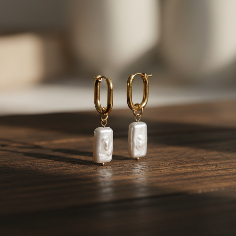 Dangle White Rectangle Pearl Earrings