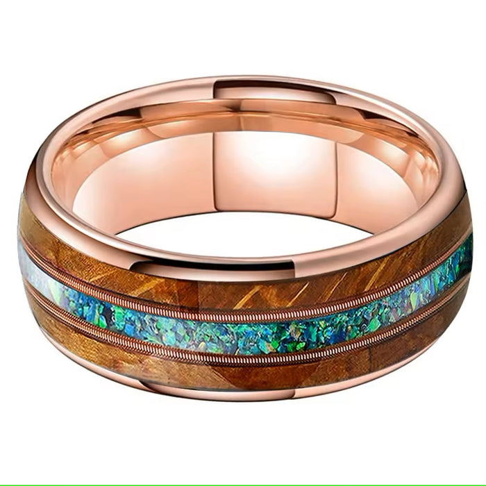 Men's Rose Gold IP Wood Green Opal Inlay Comfort Fit Tungsten Ring