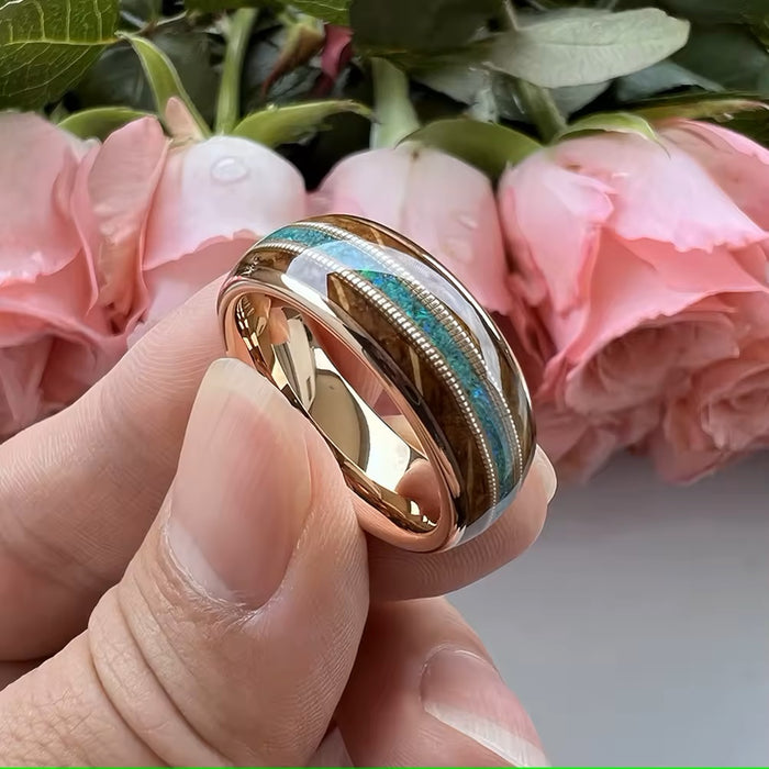 Men's Rose Gold IP Wood Green Opal Inlay Comfort Fit Tungsten Ring-Rings-Sairahaz Jewelers