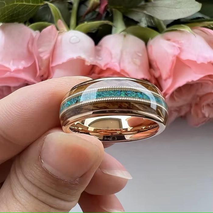 Men's Rose Gold IP Wood Green Opal Inlay Comfort Fit Tungsten Ring-Rings-Sairahaz Jewelers