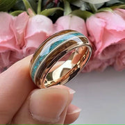 Men's Rose Gold IP Wood Green Opal Inlay Comfort Fit Tungsten Ring-Rings-Sairahaz Jewelers