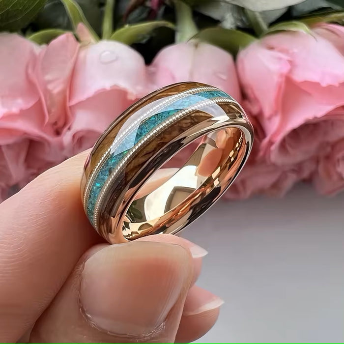 Men's Rose Gold IP Wood Green Opal Inlay Comfort Fit Tungsten Ring-Rings-Sairahaz Jewelers