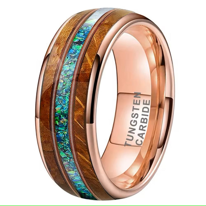 Men's Rose Gold IP Wood Green Opal Inlay Comfort Fit Tungsten Ring