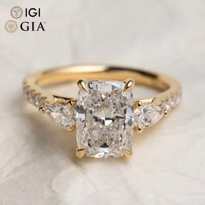 Elongated Cushion Trilogy Engagement Diamond Ring 14K & 18K Gold