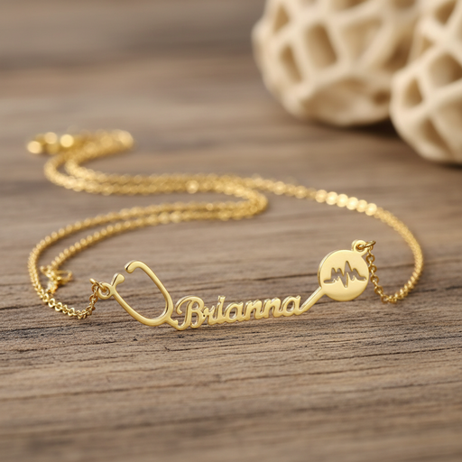 Minimalist stethoscope custom name necklace with personalized script detail
